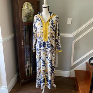 Hooded Morocco djellaba Dress in Navy & Mustard Floral